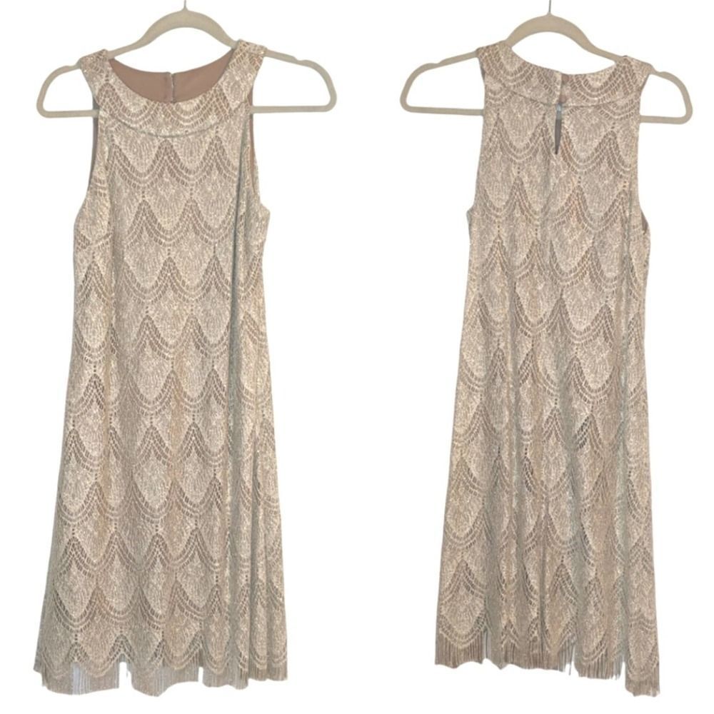 Vintage Dressbarn Collection Beige Metallic Gold Crochet Fringe Sleeveless Dress